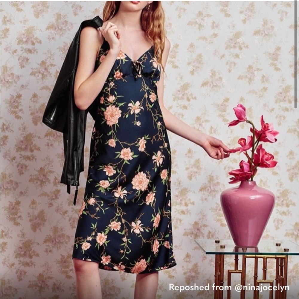 Urban Outfitters dark green midi dress with pink flowers size M